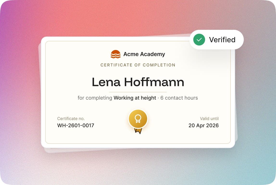 A verified certificate of completion from Acme Academy for Lena Hoffmann, Working at height, number WH-2601-0017, valid until 20 April 2026.