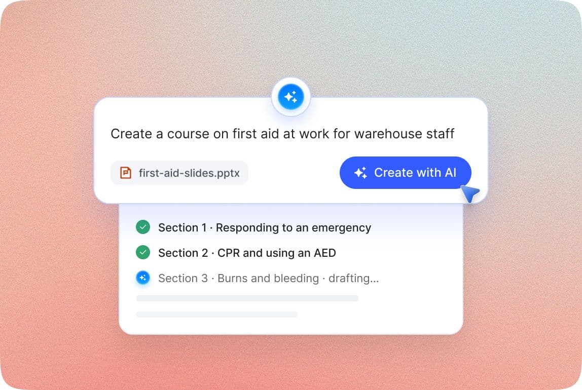A prompt to create a course on first aid at work from uploaded slides, with a Create with AI button and the outline being drafted below.
